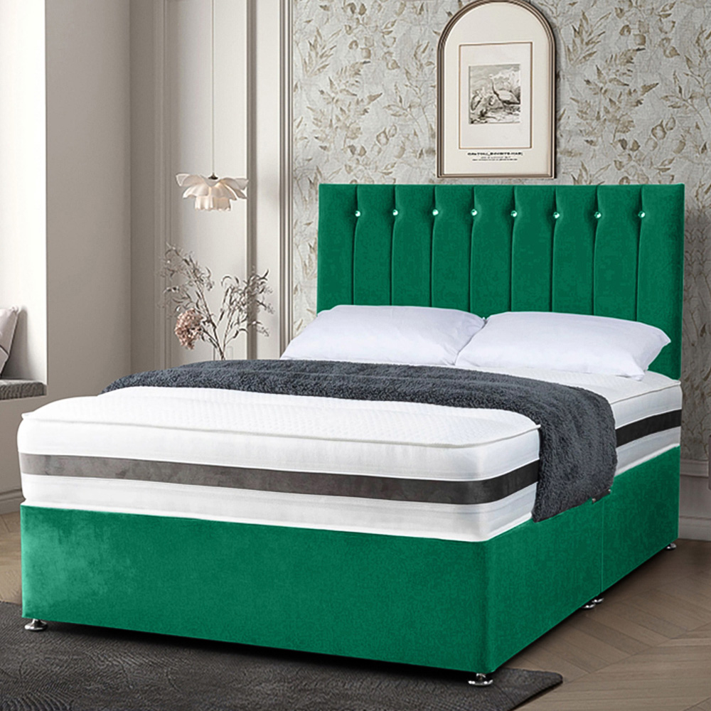 Eleganza Home Cocoon King Size Emerald Plush Velvet Divan Bed with Headboard Image 1