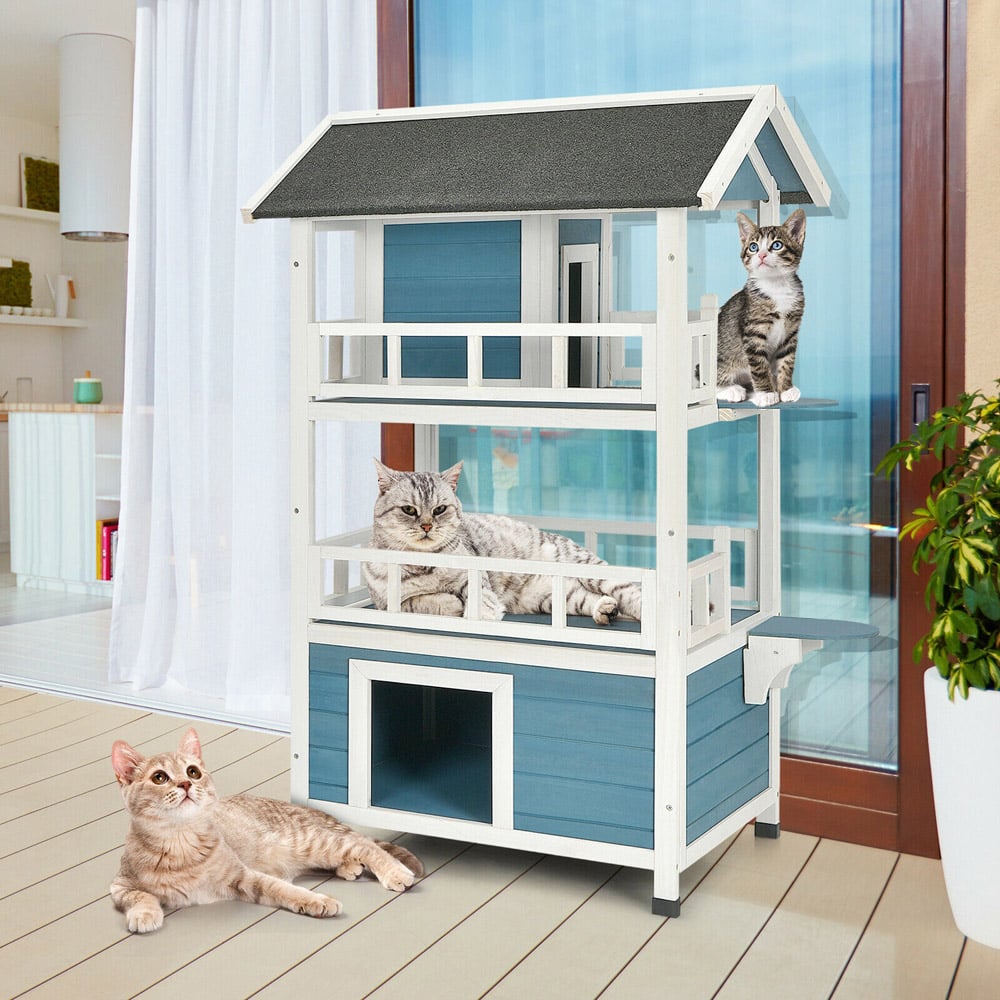 Costway 3 Storey Wooden Cat House with Enclosure Image 2