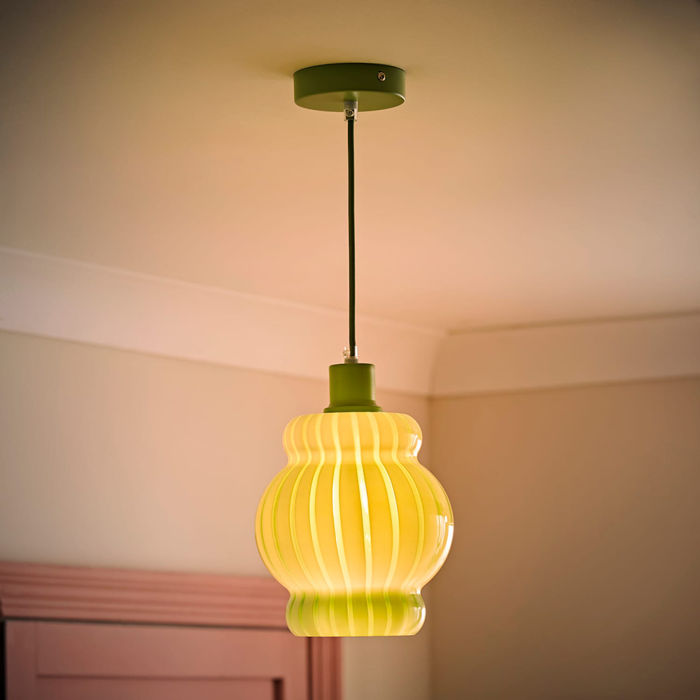 ValueLights Taffy Green Stripe Glass Pendant Ceiling Light and Bulb Image 2