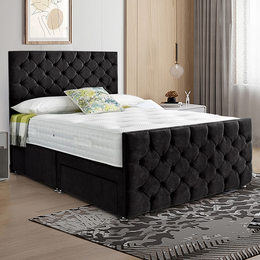 Eleganza Home Dreamscape Super King Size Black Plush Velvet Single Drawer Divan Bed with Headboard Image 1