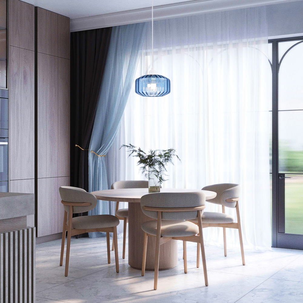 Happy Homewares Midnight Blue Ribbed Glass Flat Style Pendant Shade Image 2