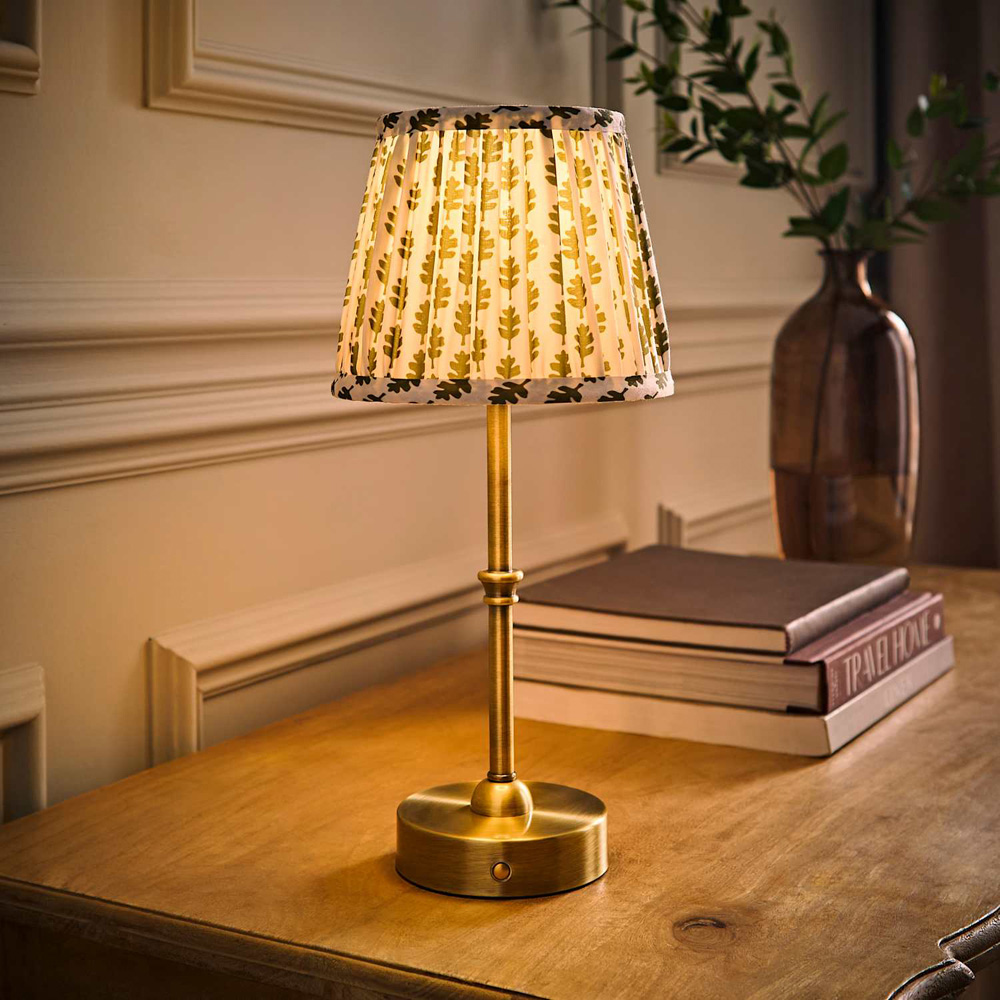 ValueLights Lowe Green Ditsy Floral Pleated Shade Gold Rechargeable Table Lamp with Bulb Image 2