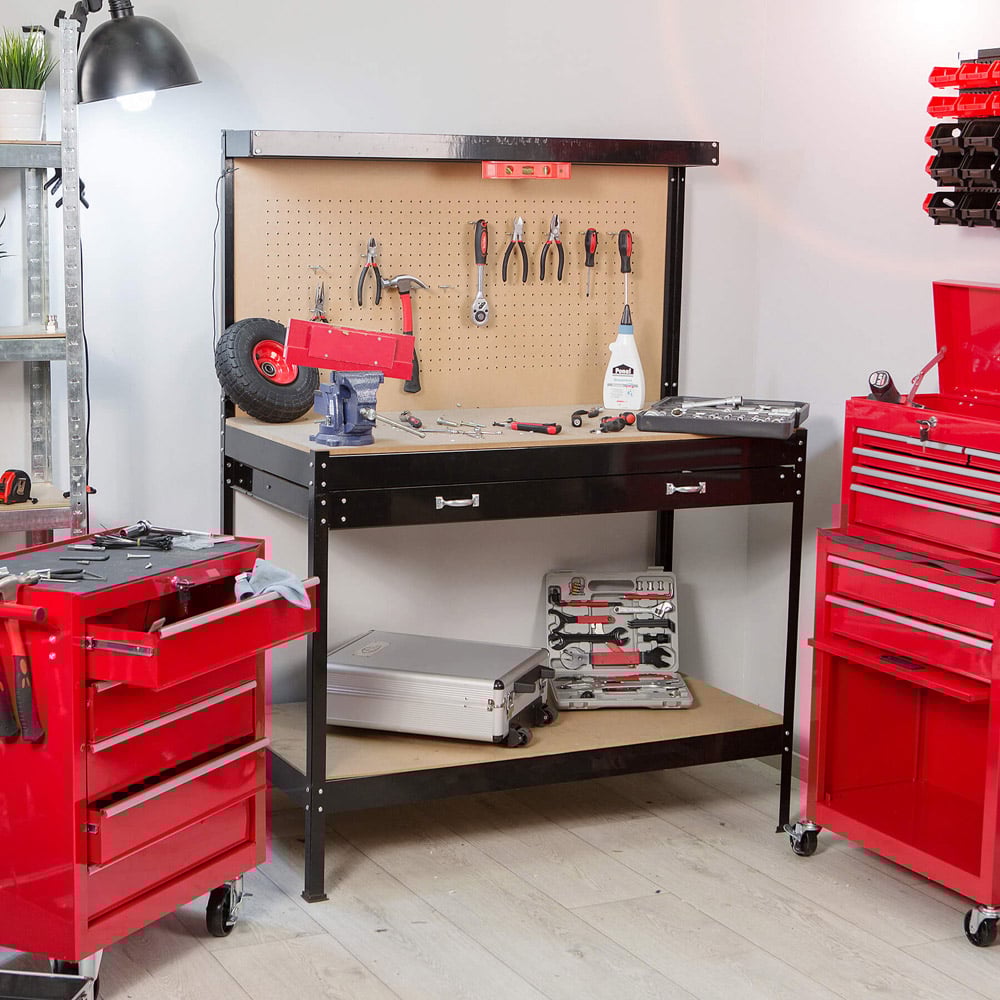 tectake 2 Shelf Single Drawer Black Workbench with Pegboard Image 2