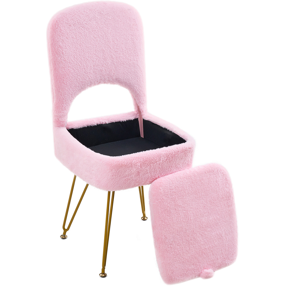 Living and Home Pink Faux Rabbit Fur Foldable Backrest Vanity Chair with Hidden Storage Image 2