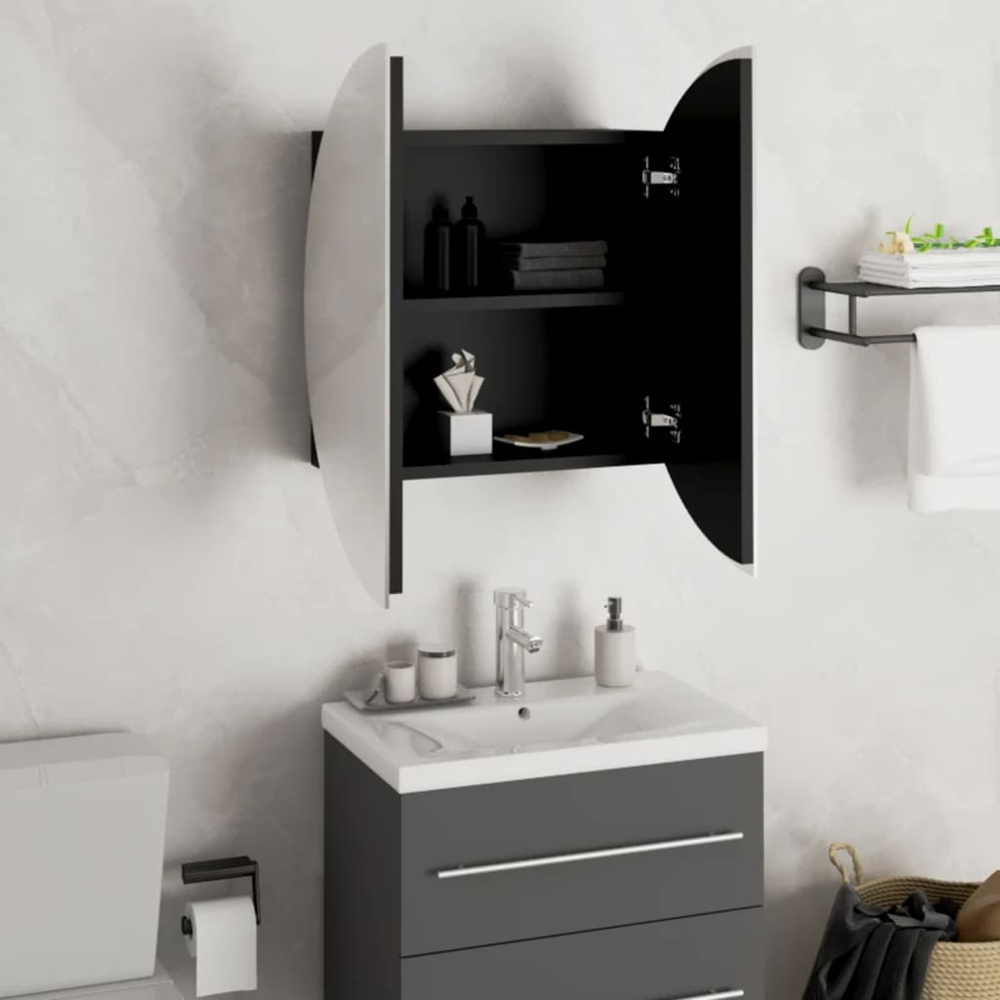 vidaXL 2 Door LED Round Mirror Black Bathroom Cabinet Image 4