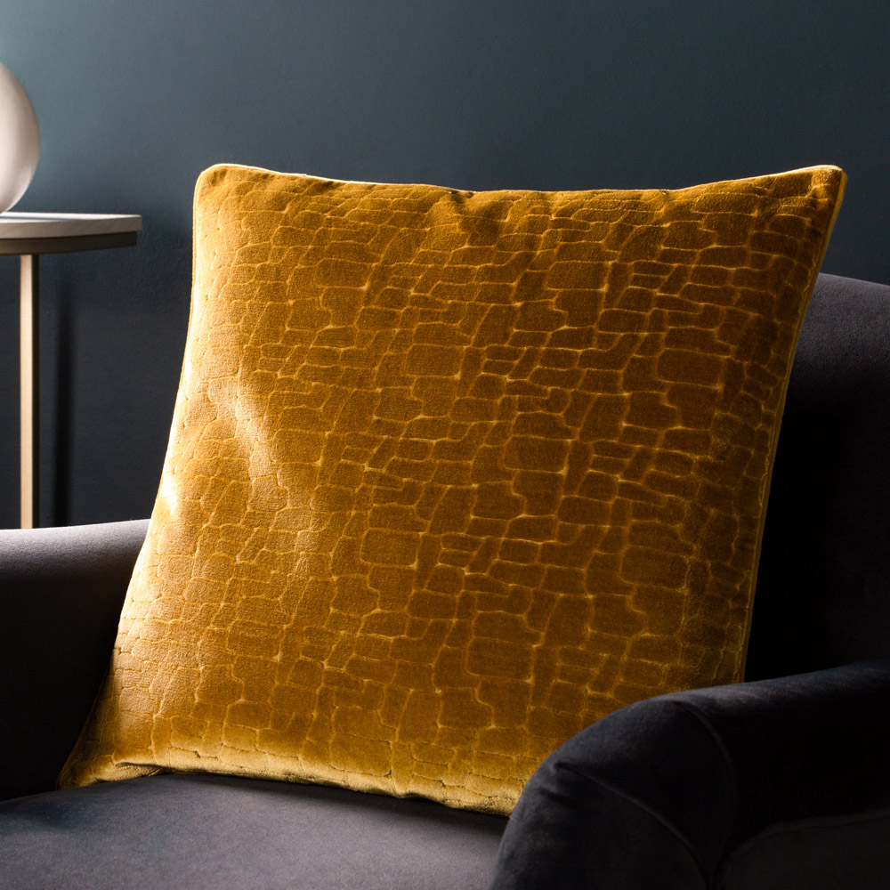 Paoletti Bloomsbury Mustard Geometric Cut Velvet Piped Cushion Image 2