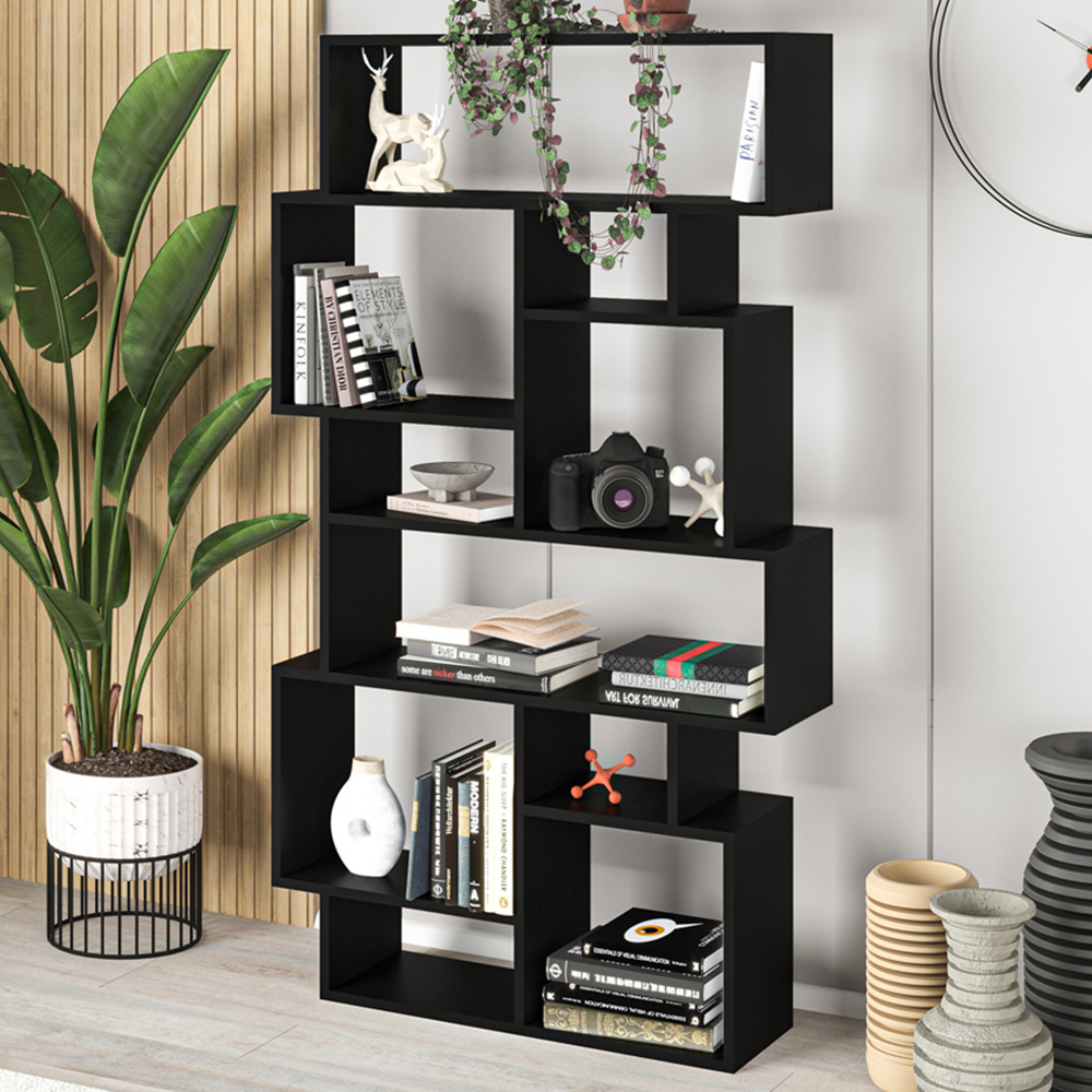 Decortie Karmato 10 Shelf Black Bute Slim Asymmetric Tall Freestanding Bookcase Image 1