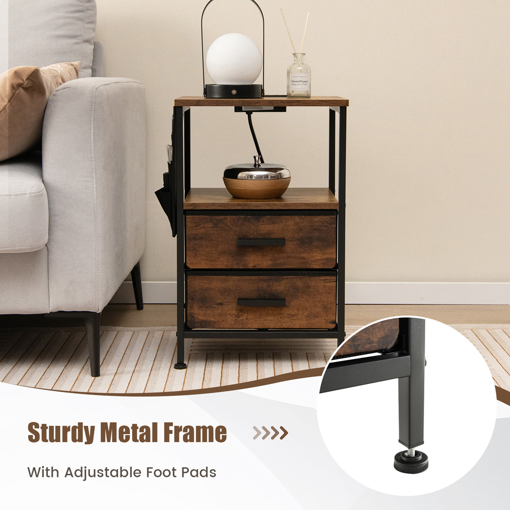 Costway 2 Drawer Single Shelf Rustic Brown Bedside Table Set of 2 Image 5