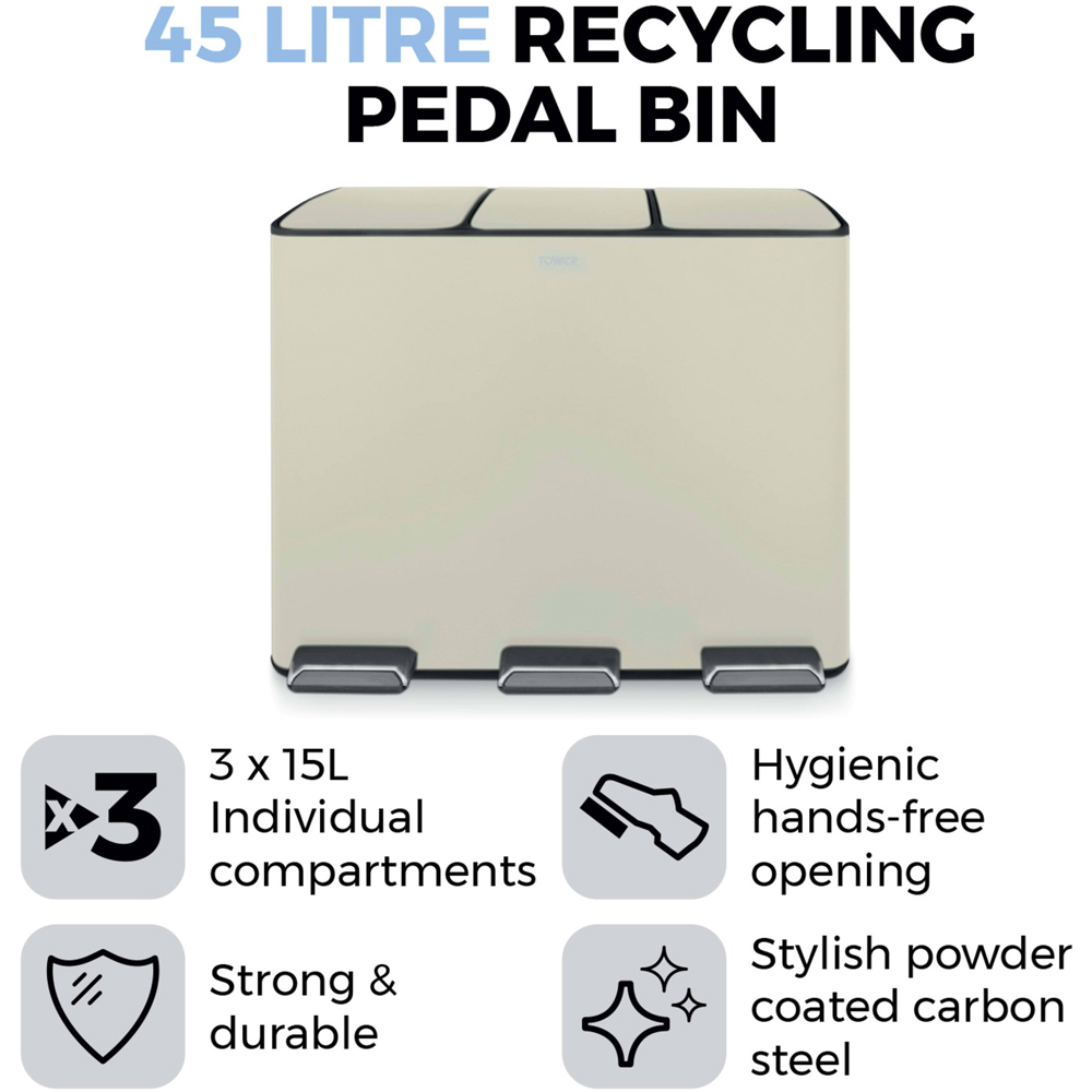 Tower Triple Recycling Cream Pedal Bin 45L Image 6
