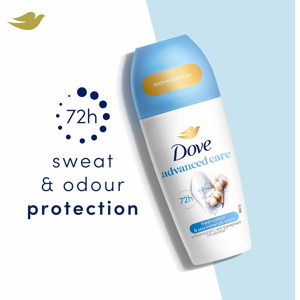 Dove Advanced Care Fresh Cotton and Sea Minerals Antiperspirant Roll On 50ml 6 Pack Image 3