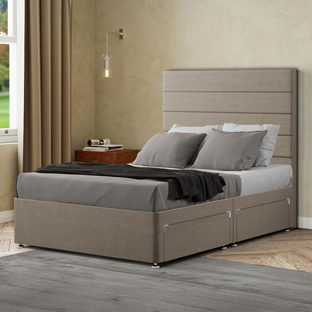 Portland George Super King Beige Linen Divan Bed with 2 Drawer and Headboard Image 1