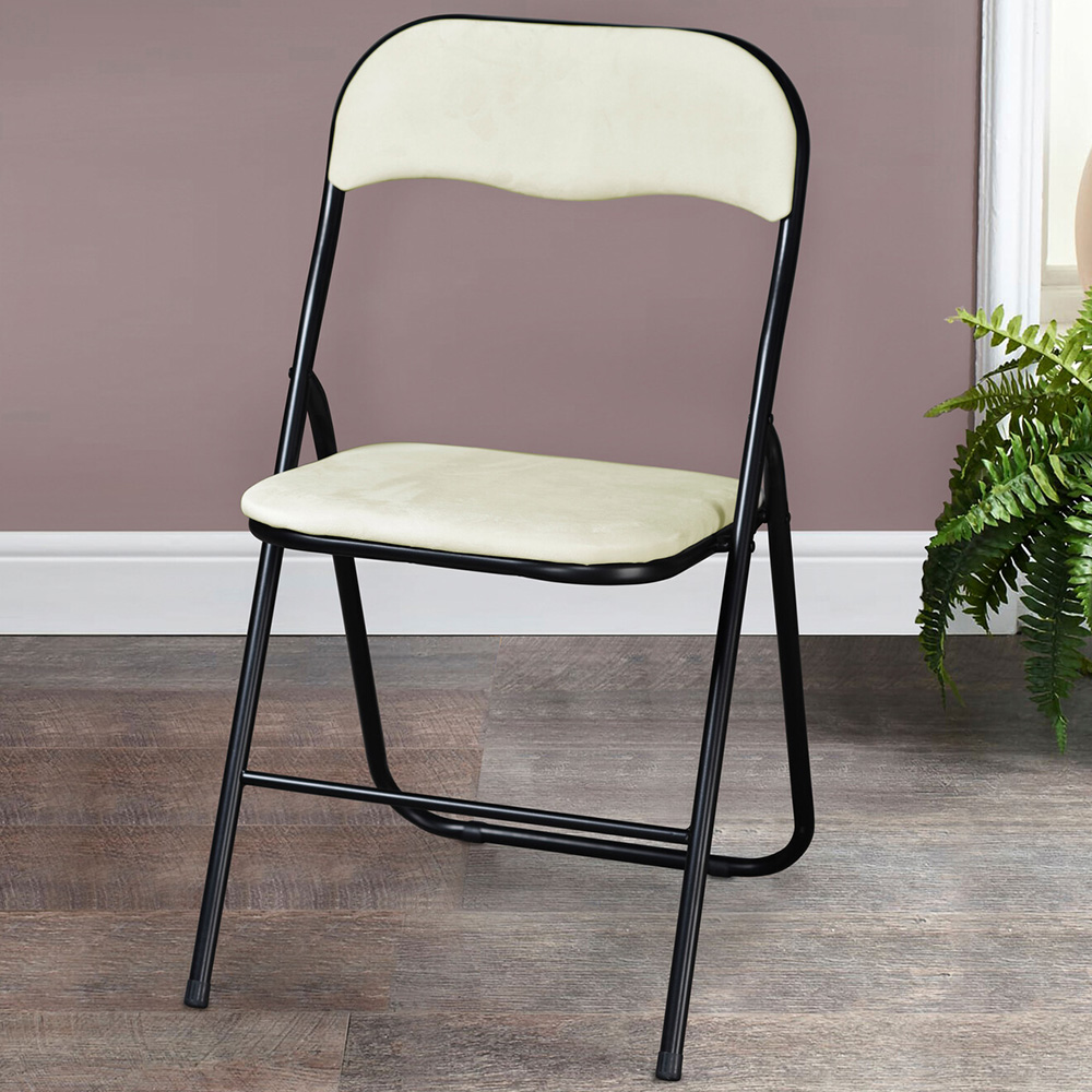 Cream Velvet Touch Steel Folding Chair Image 1