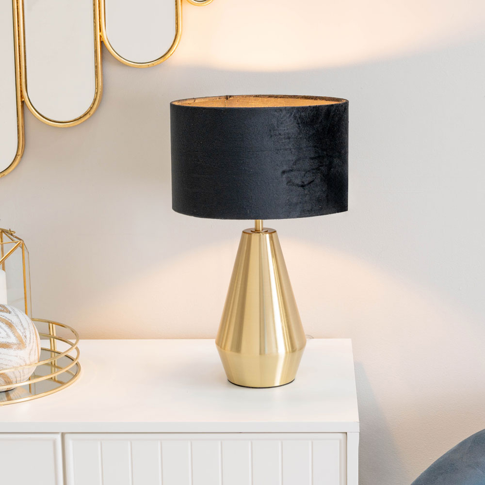 ValueLights Jax Black Velvet Shade Antique Brass Touch LED Table Lamp Image 2