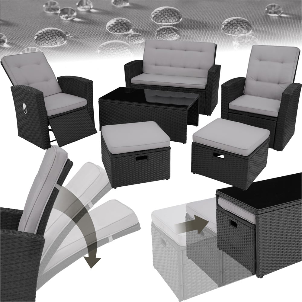 tectake Bari 6 Seater Black Rattan Reclining Garden Lounge Set Image 2