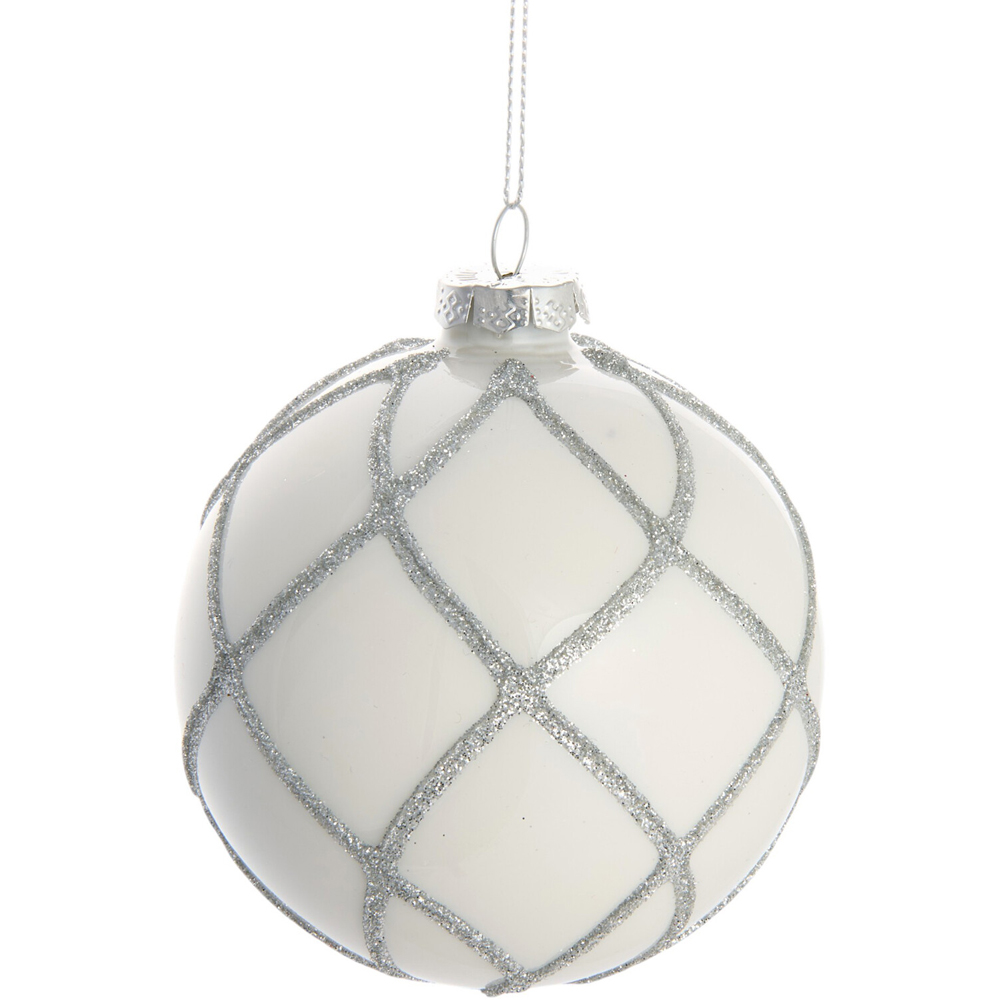 Interwoven Diamond Pattern Glitter Wrapped Bauble White Image 1