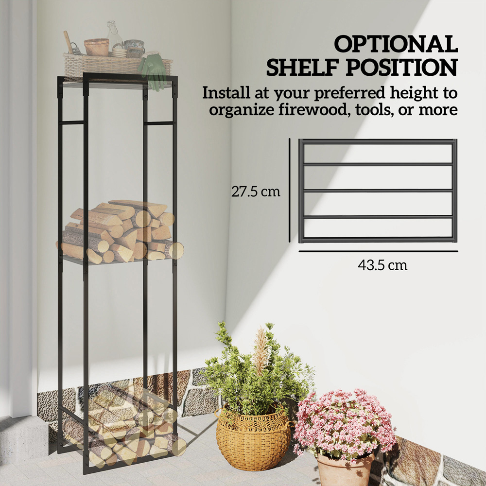 Outsunny Black Metal Firewood Log Holder with Adjustable Shelf 170 x 31 x 45cm Image 8