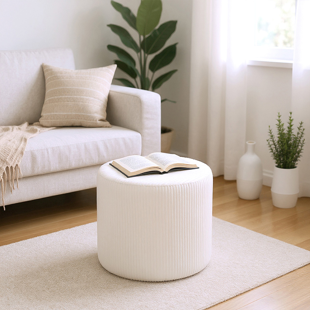 Living and Home Beige Corduroy Ribbed Upholstered Round Footstool Image 7