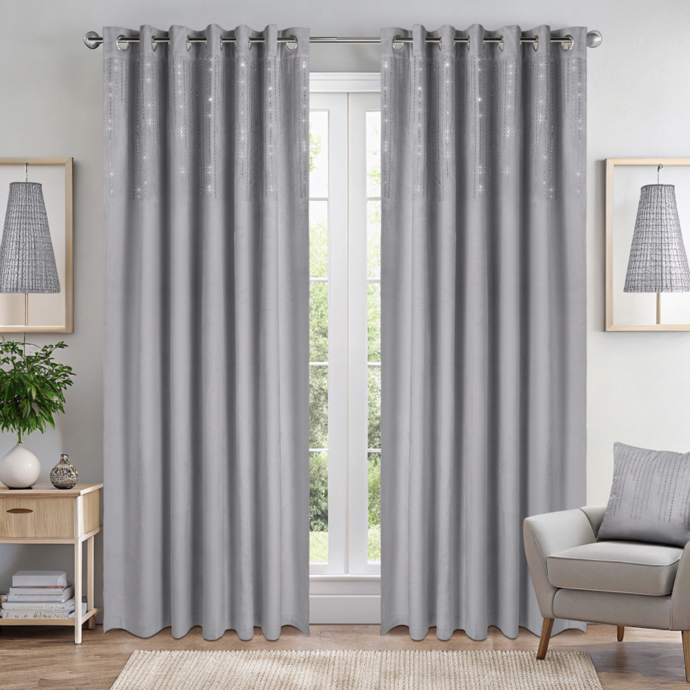 Alan Symonds Silver Cascading Diamante Studs Velvet Blackout Ring Top Eyelet Curtains 168 x 137cm Image 7