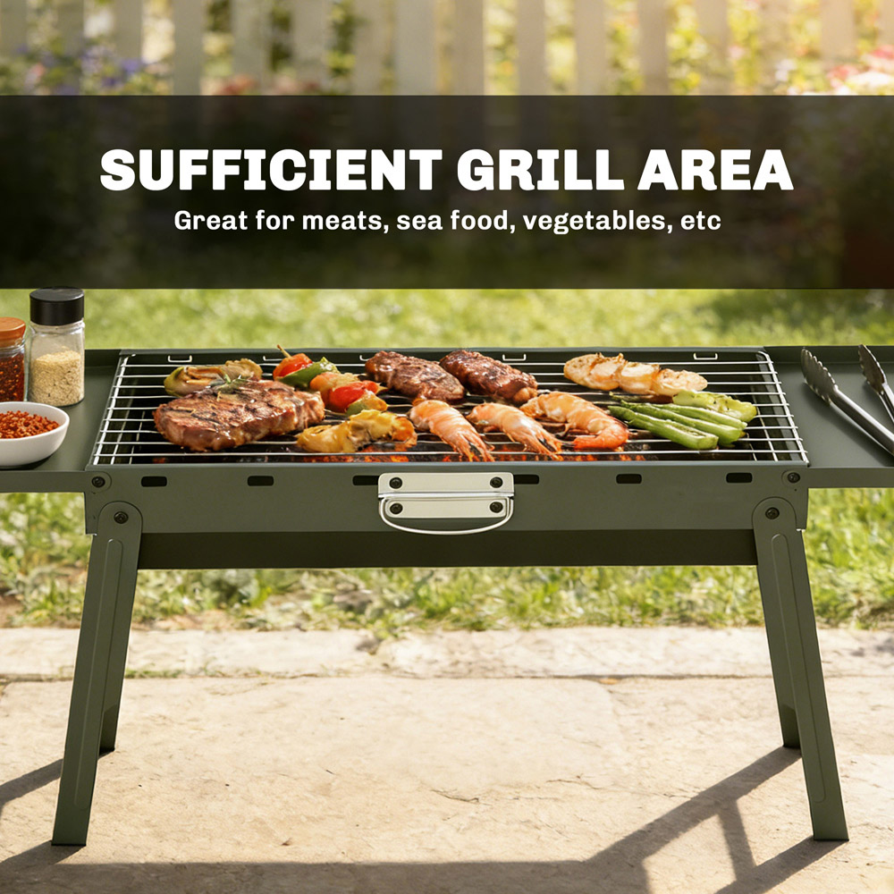 Outsunny Green Charcoal BBQ Grill with 2 Side Shelves and Handle Image 6