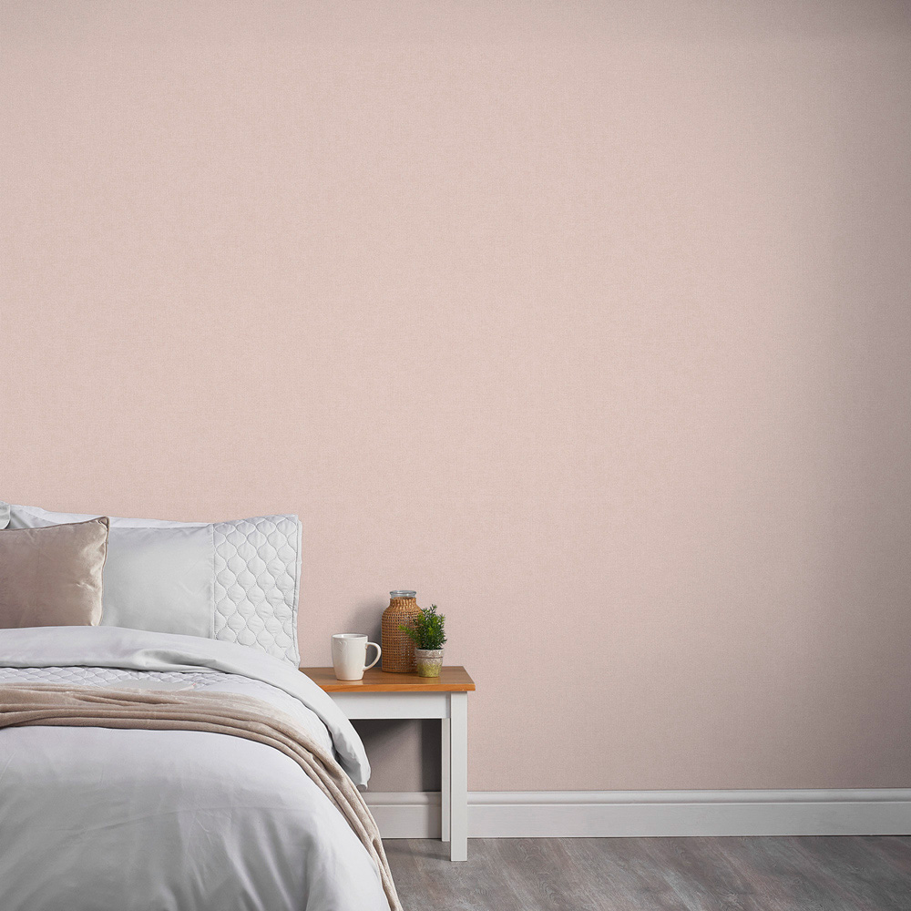 Grandeco Panama Plain Textured Linen Fabric Pink Wallpaper | Wilko