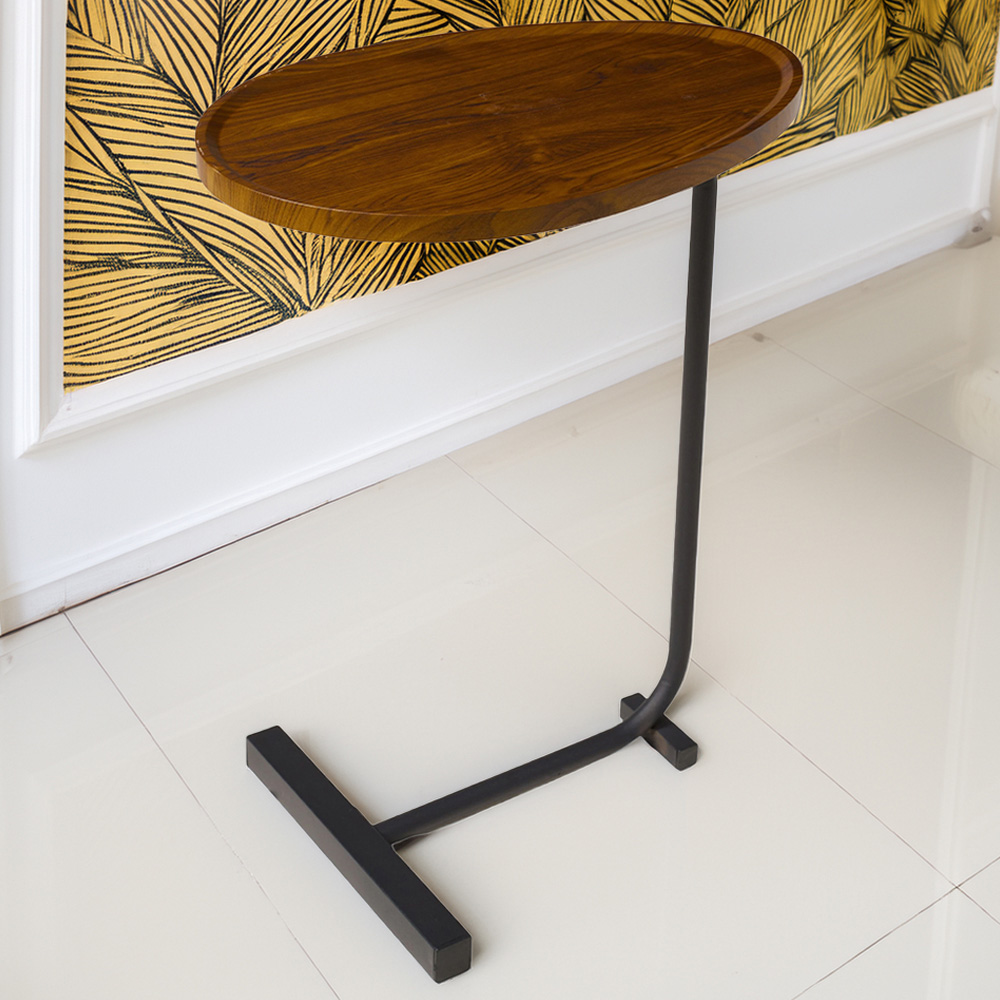Living and Home Black and Dark Walnut C-Shape Side Table Image 1