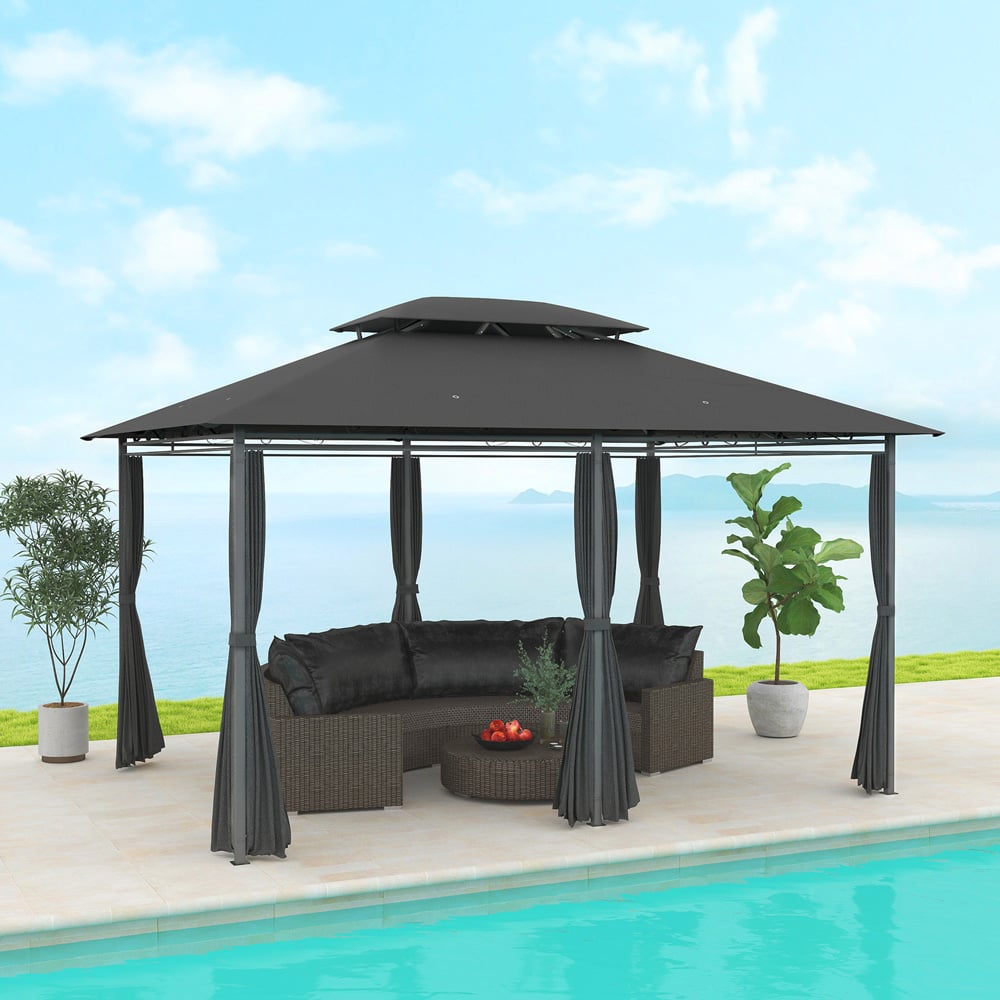 Outsunny 4 x 3m 2 Tier Black Steel Frame Garden Gazebo with Curtains Image 5
