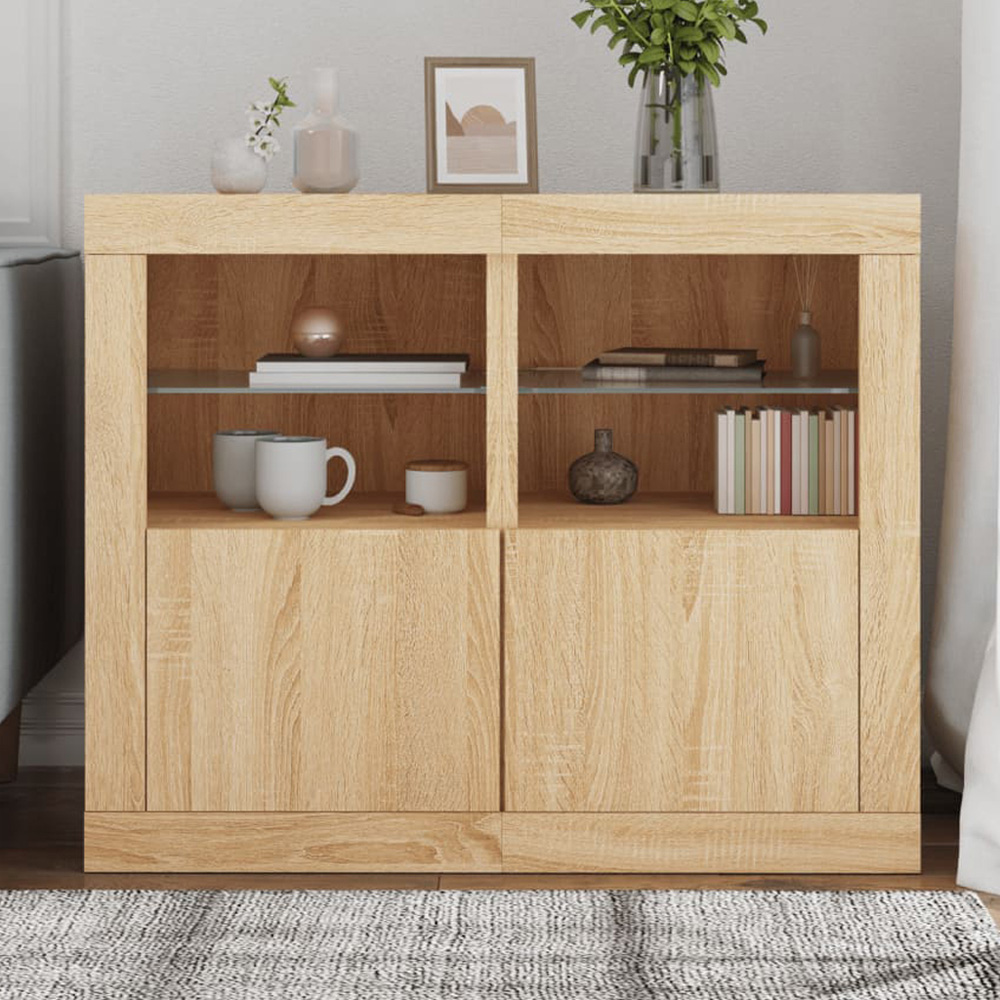 vidaXL Single Door 2 Shelf LED Sonoma Oak Side Cabinet Set of 2 Image 1