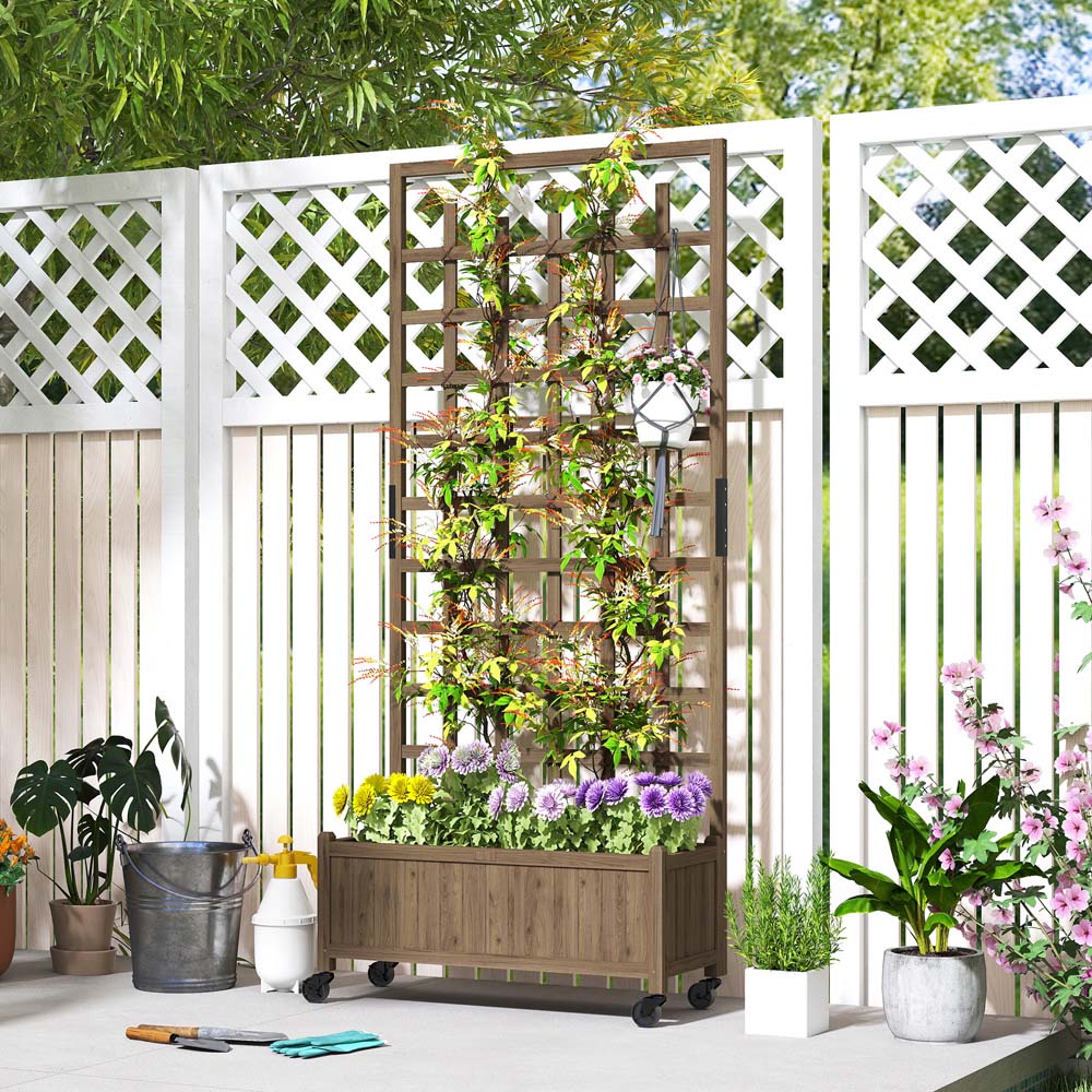Outsunny Brown Wooden Trellis Planter with Wheels Image 5