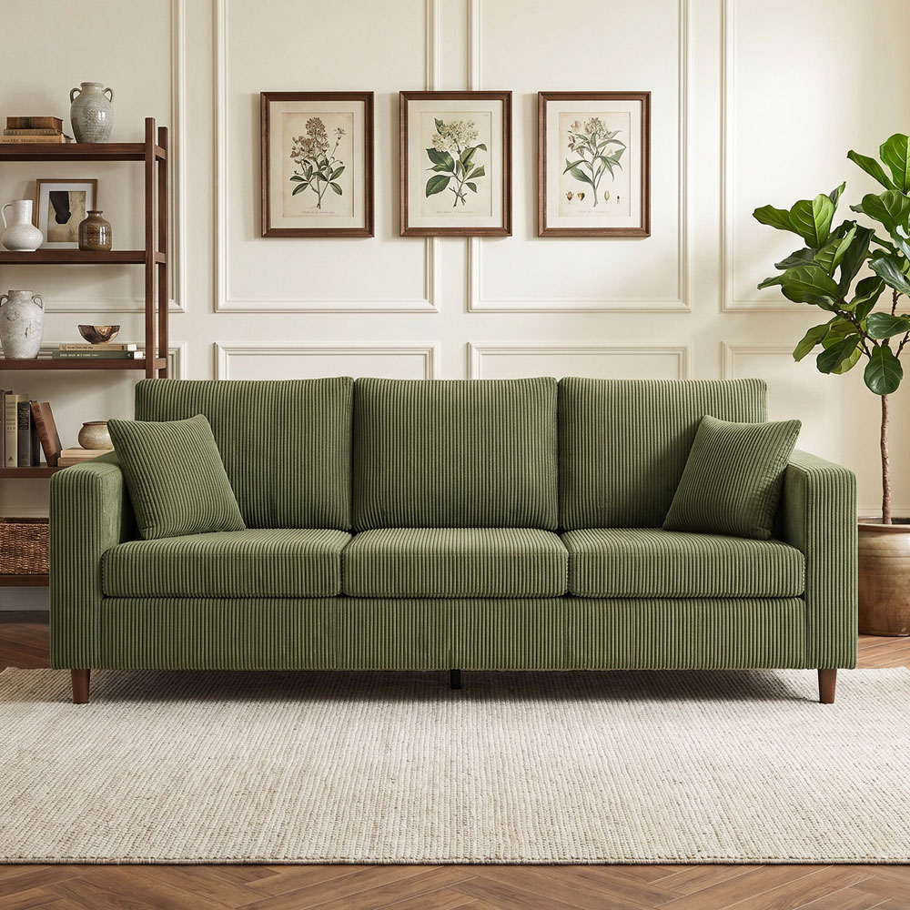 HOMCOM 3 Seater Green Corduroy Upholstered Wide Seat Sofa Image 2