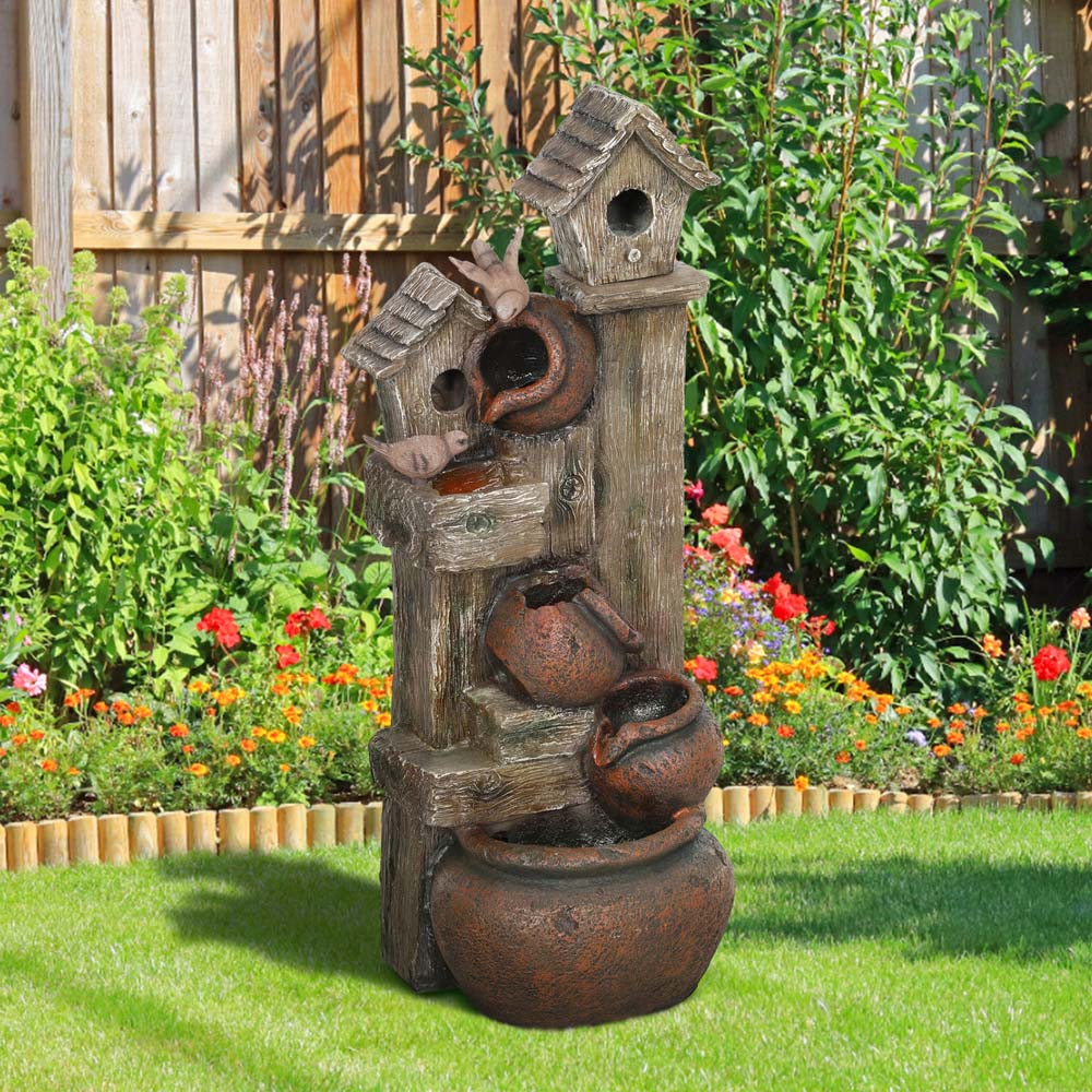 Outsunny 2 in 1 Resin Outdoor Waterfall Fountain with Birdhouse Image 4