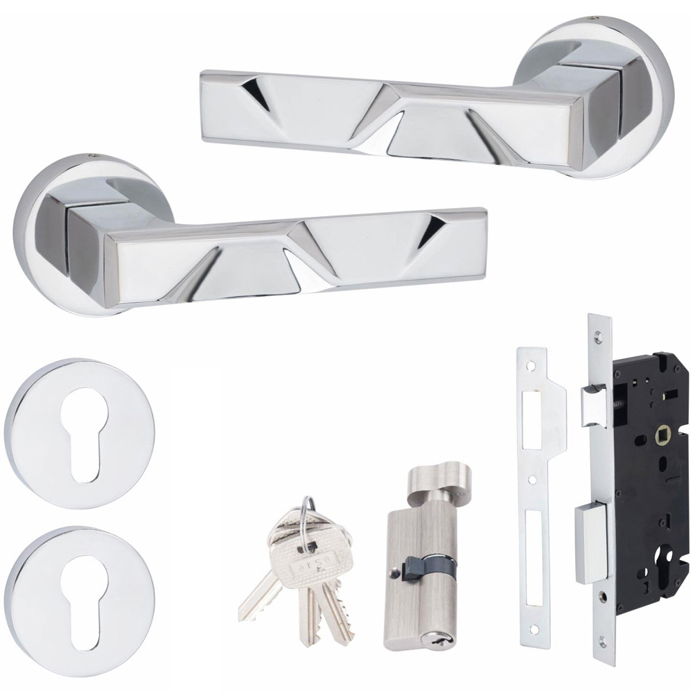 Golden Grace Polished Chrome Modern Nova Euro Lock Door Handle Set 70mm Image 1