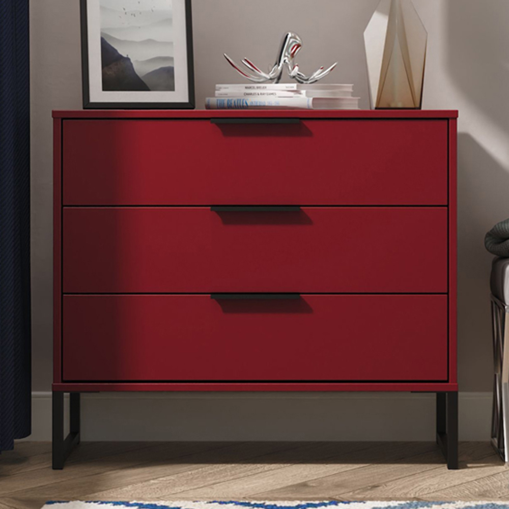 Crowndale Hong Kong 3 Drawer Red Matt Chest of Drawers Ready Assembled Image 1