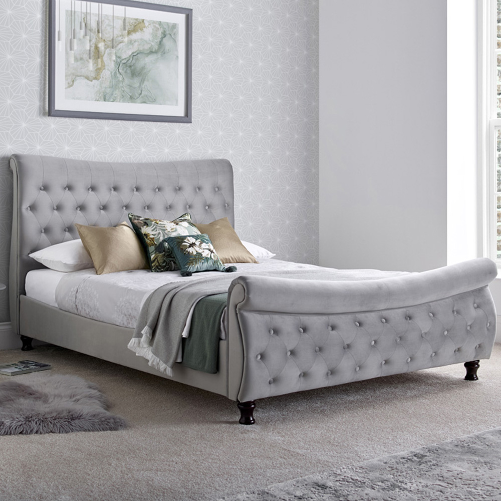 Oxford Double Grey Velvet Chesterfield Sleigh Bed Image 1