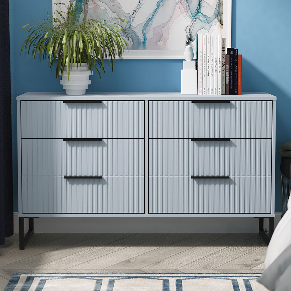 Crowndale Fluted 6 Drawer Denim Blue Wide Chest of Drawers Ready Assembled Image 1