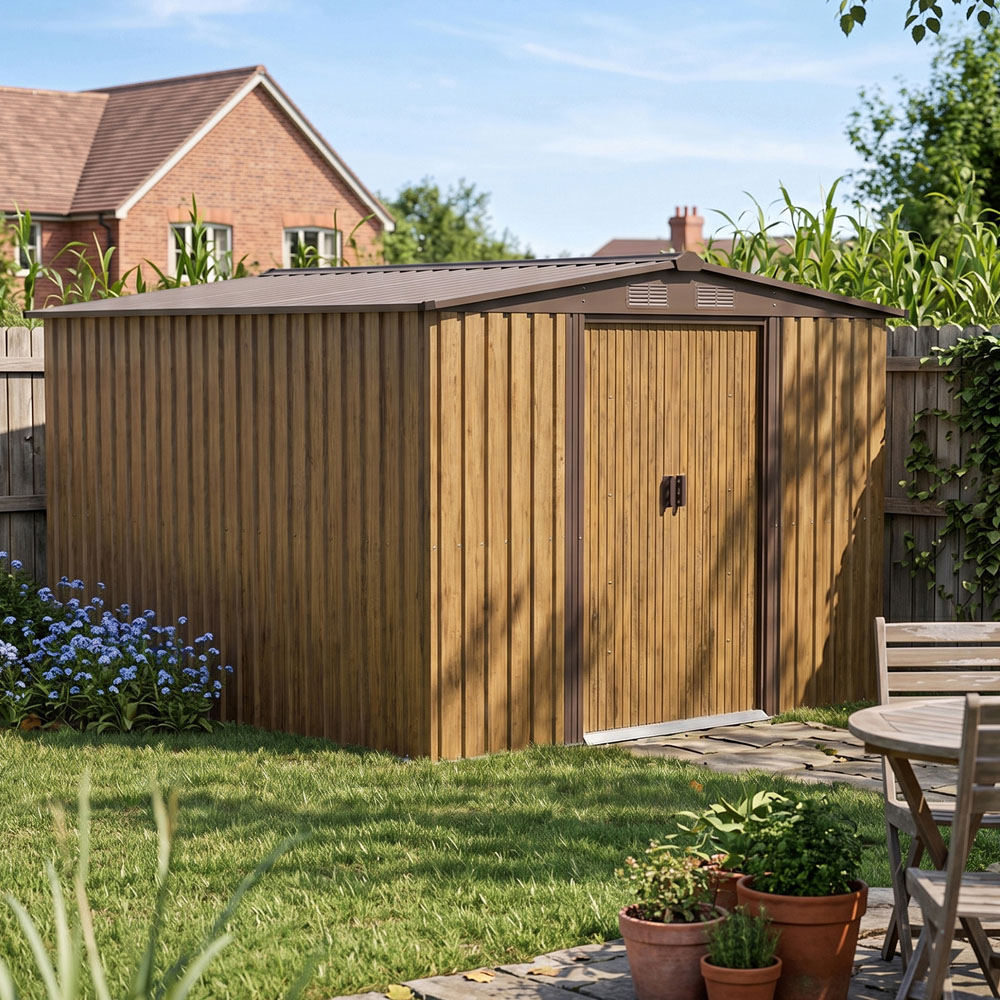 Living and Home 8 x 8ft Brown Wood Grain Metal Apex Garden Storage Shed with Foundation Image 1