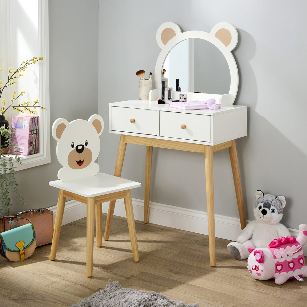 Home Source Ted 2 Drawer White Bear Design Kids Dressing Table Set with Mirror Image 9