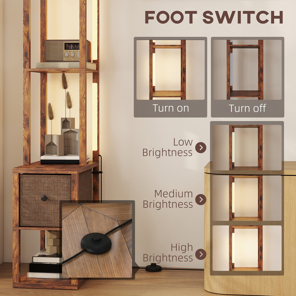 HOMCOM Single Drawer 4 Shelf Rustic Brown LED Floor Lamp Image 6