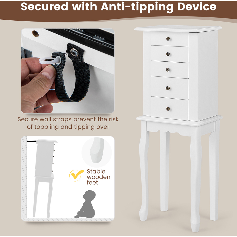 Costway 5 Drawer White Freestanding Jewellery Organizer with Flip Up Mirror Side Door Image 6