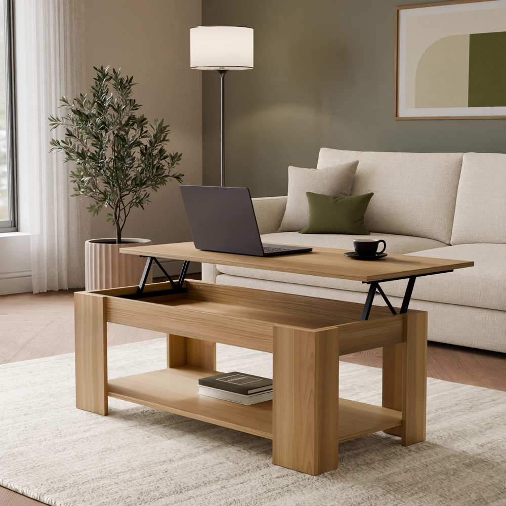 GFW Oak Wood Lift Up Coffee Table Image 3