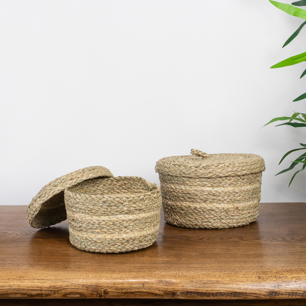 JVL Palma Maize Natural Round Storage Basket with Lid 2 Pack Image 8