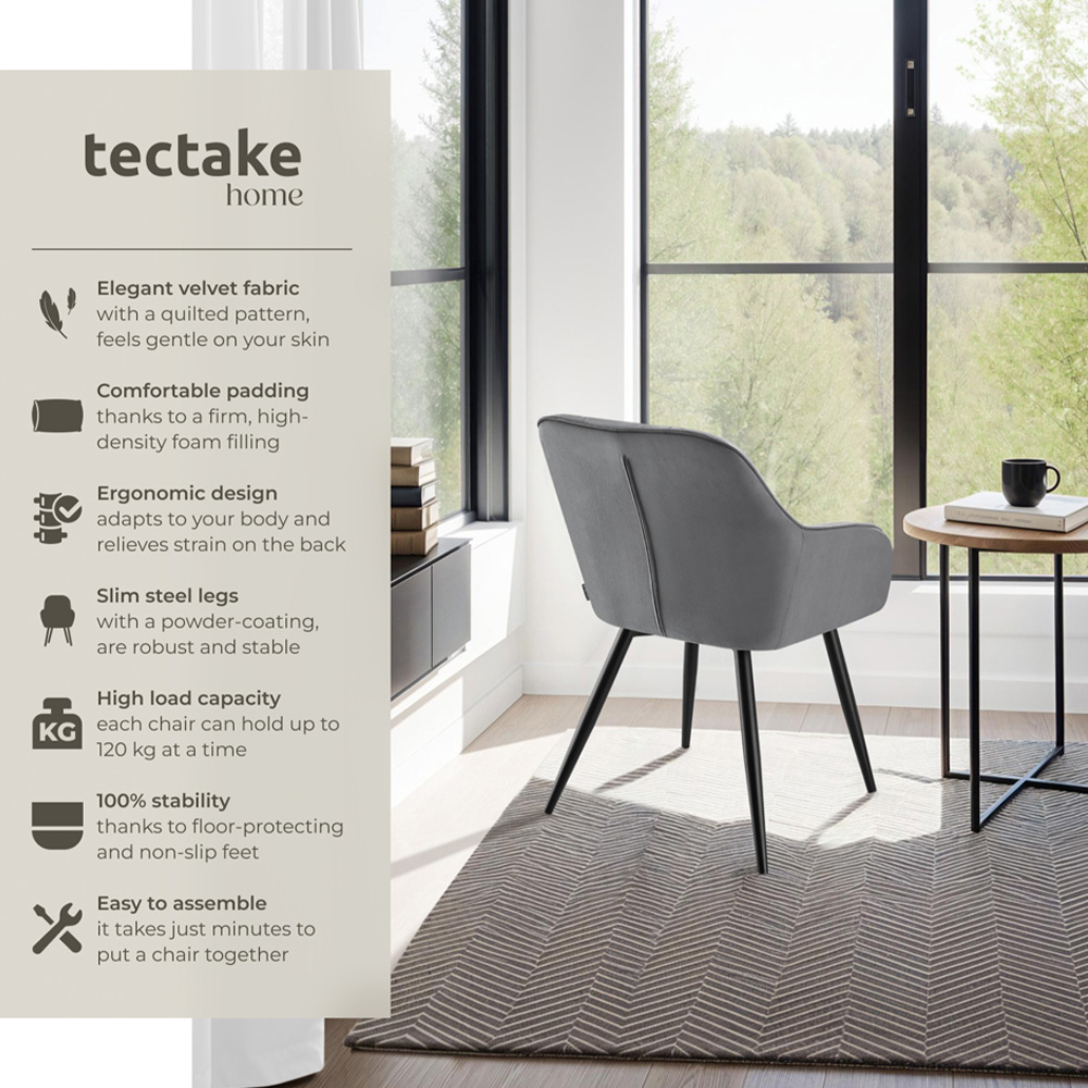 tectake Marilyn Set of 4 Grey and Black Quilted Velvet Dining Chair Image 3