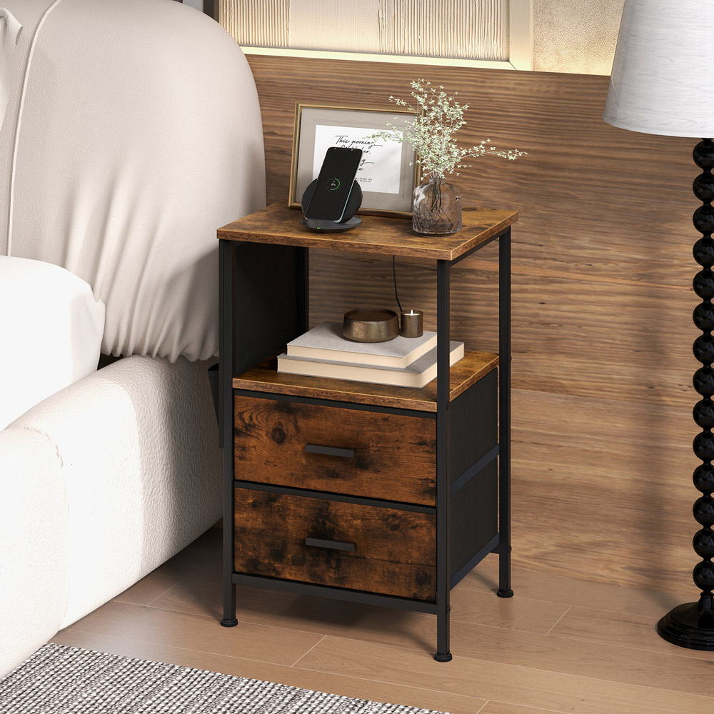 Costway 2 Drawer Single Shelf Rustic Brown Bedside Table Set of 2 Image 3