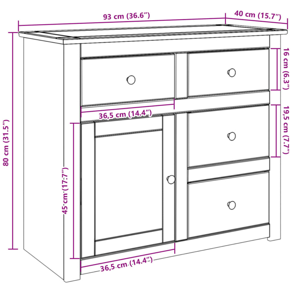 vidaXL Single Door 4 Drawer Solid Wood Pine Sideboard Image 9