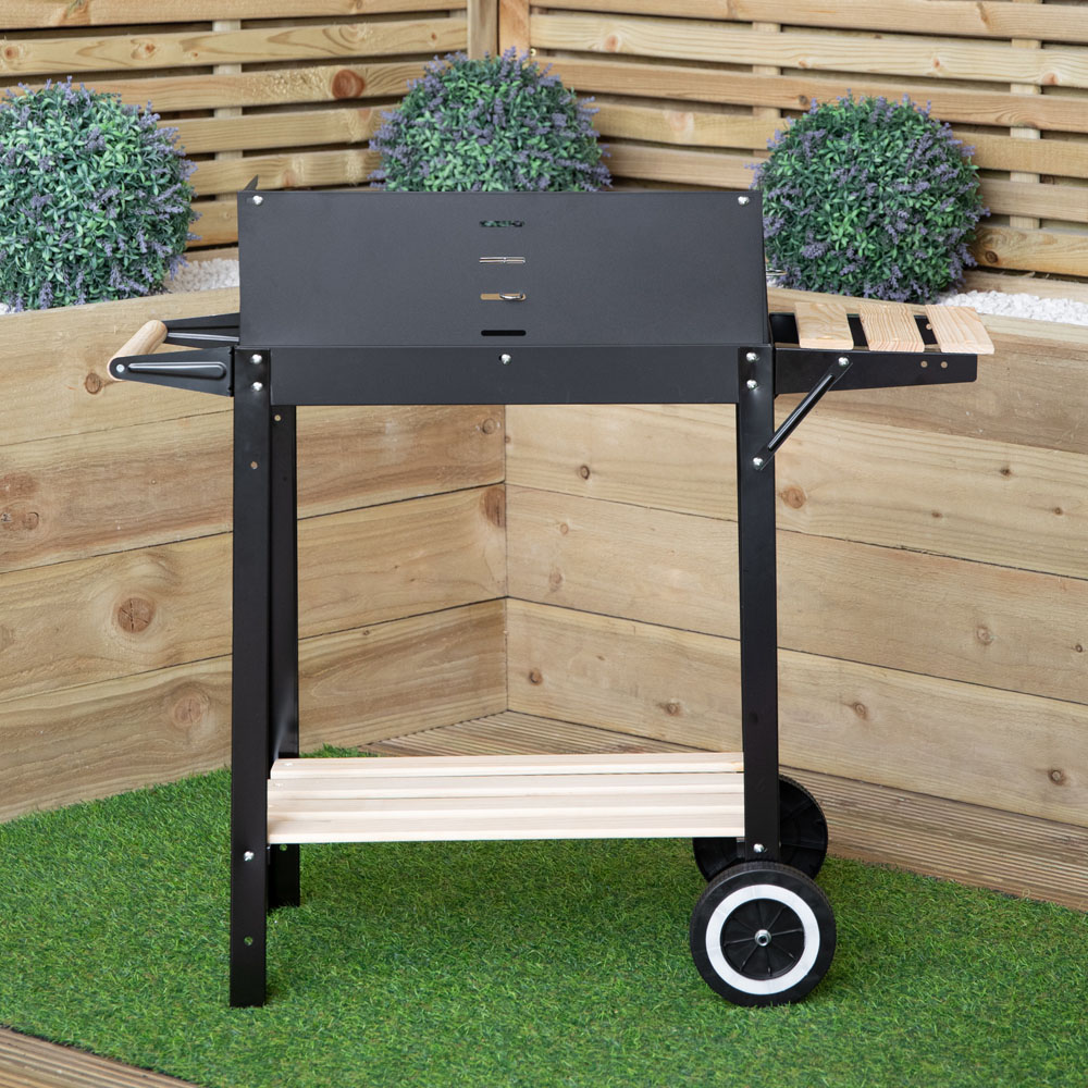 Samuel Alexander Black Rectangular Trolley Charcoal BBQ Grill with Shelves and Wheels Image 7