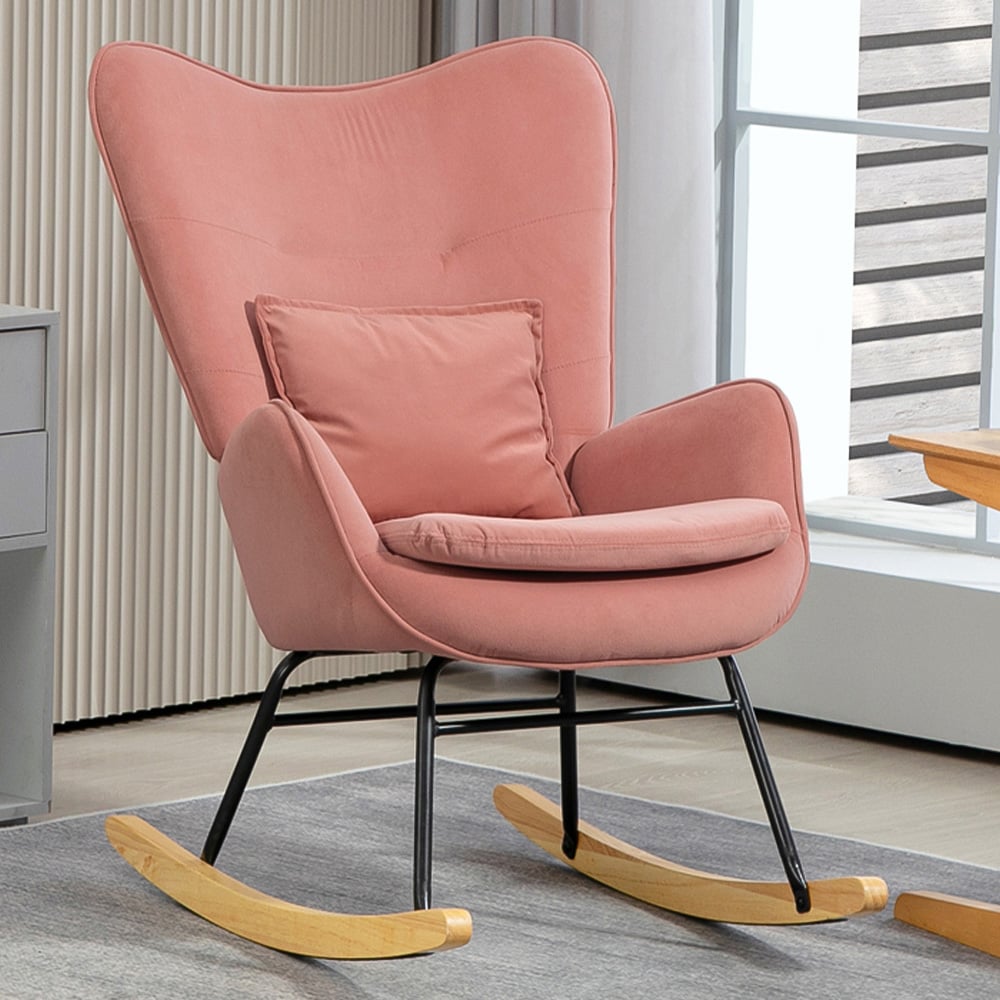 HOMCOM Pink Velvet Rocking Chair with Lumbar Pillow Image 1