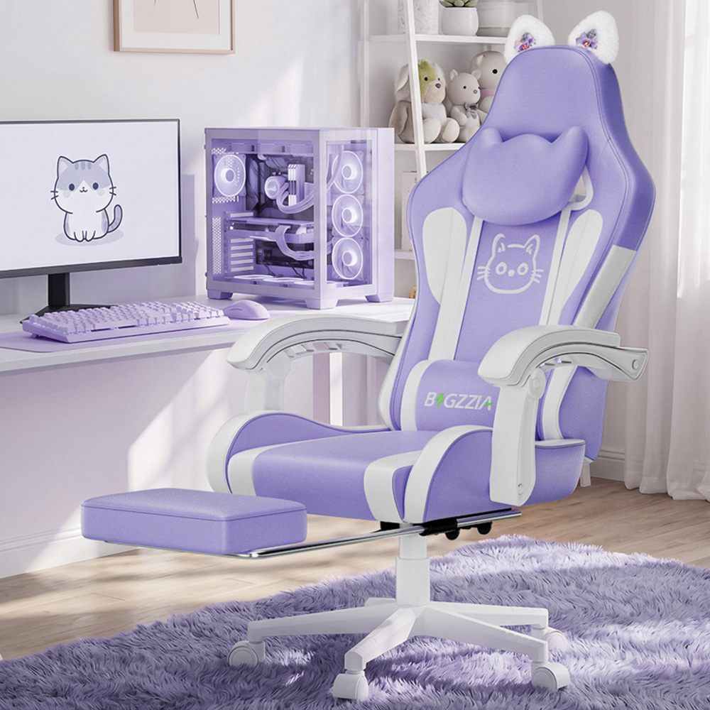 Rattrix Purple Cat Ears Gaming Chair with Massage Lumbar Support and Footrest Image 1