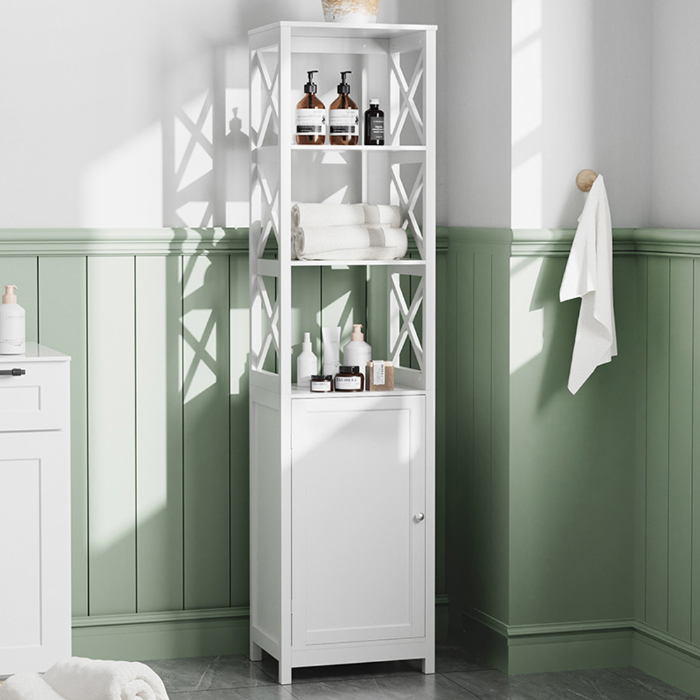 H&O Direct Single Door X Frame Wooden Bathroom Tall Cabinet Image 1