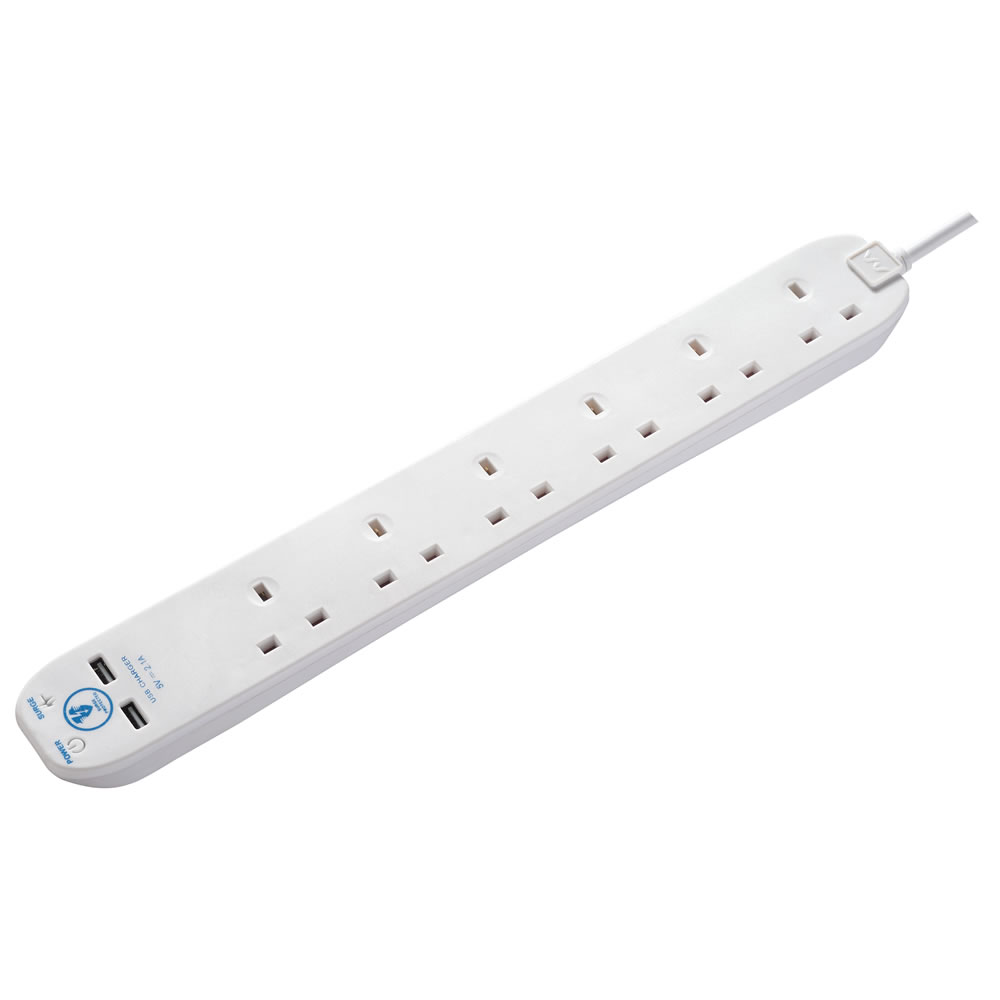 Wilko Extension Lead with USB 1m 6 Gang White Image 1