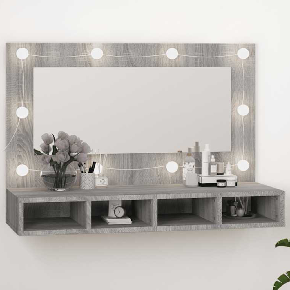 vidaXL 4 Open Shelf Grey Sonoma LED Mirror Wall Mounted Bathroom Cabinet Image 1