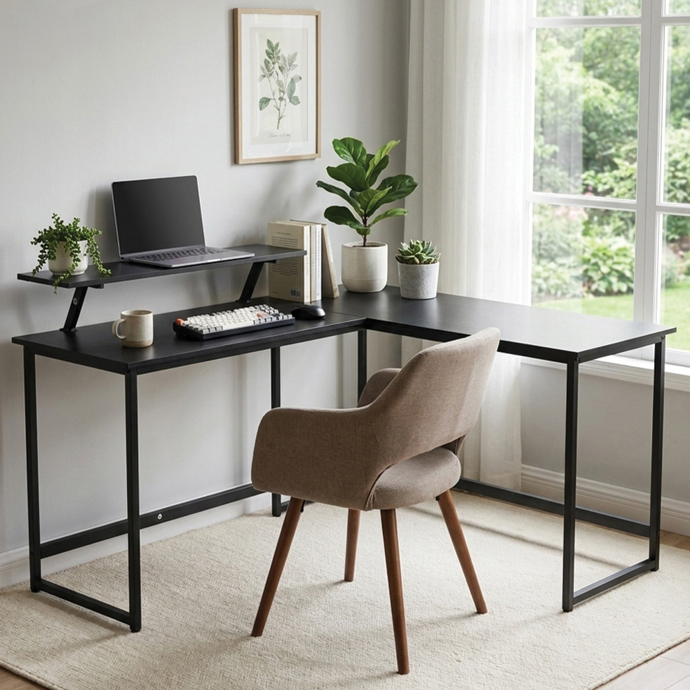 Abrihome Single Shelf Industrial Style L-Shaped Corner Computer Desk Black Image 1